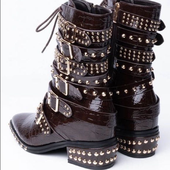 Western Cowboy Brown Vegan Crocodile Leather Studded Belt Strap Riding Boots - Picture 4 of 5